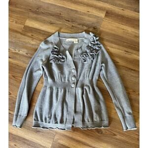 DKNY Jeans Floral Embroidered gray Cardigan Button Sweater Size Large